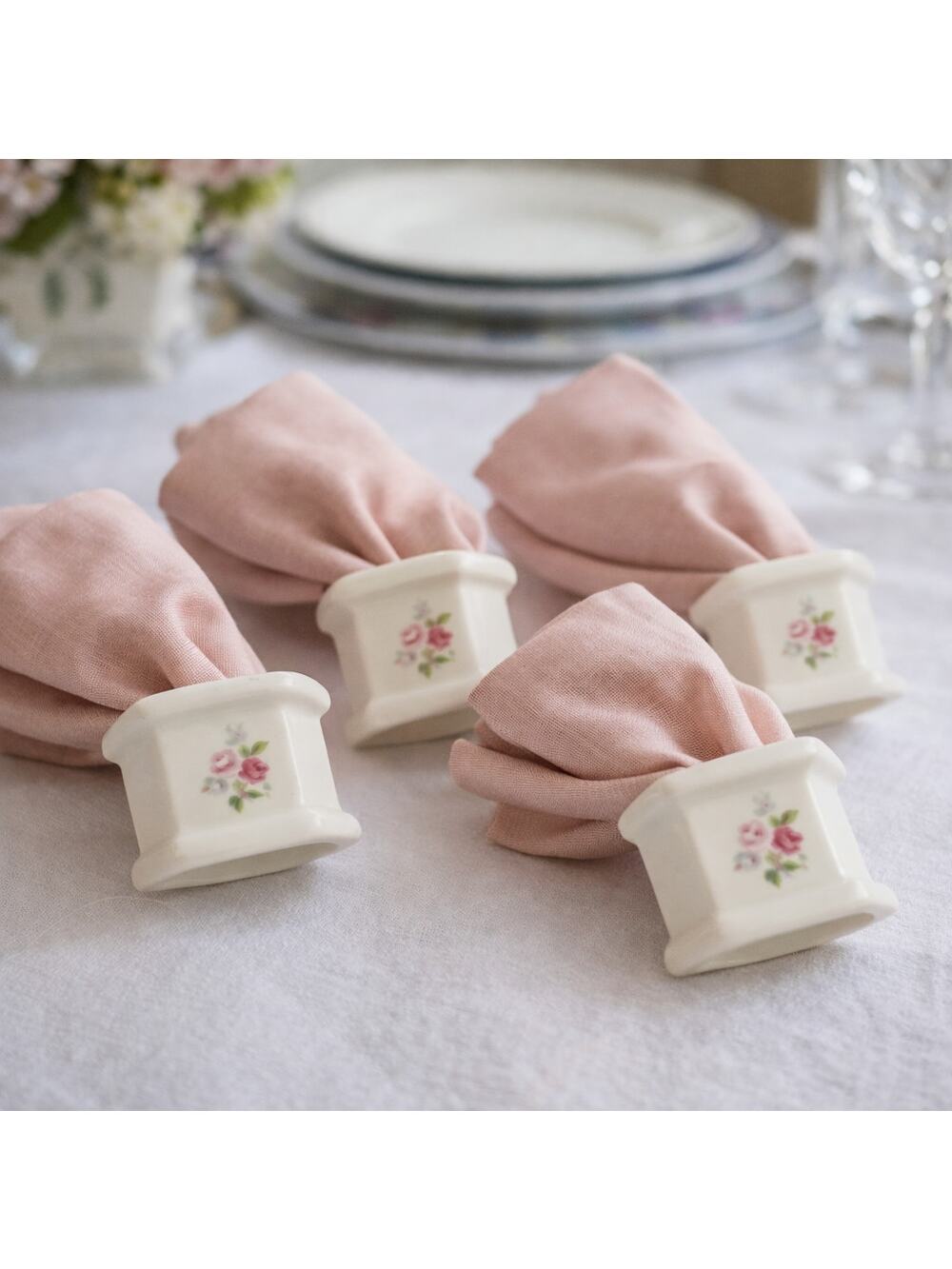 Vintage Set of 8 Cream Porcelain Pink Rose Cottage-core Napkin Rings